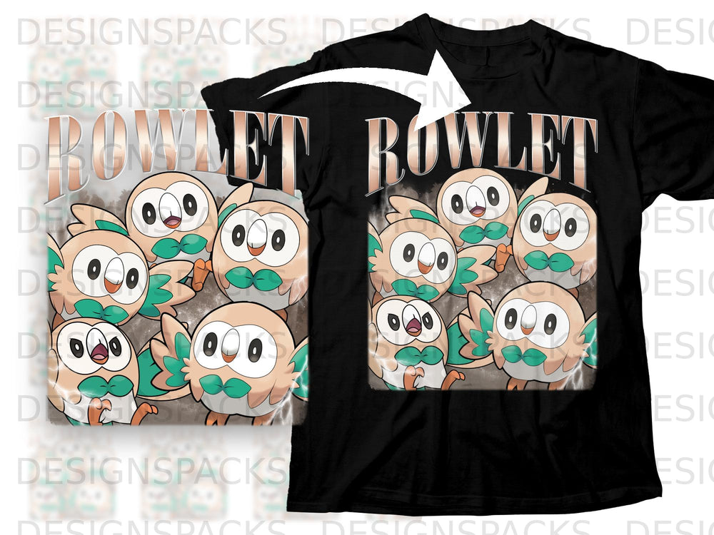 Black t-shirt with multiple Rowlet characters and the word "ROWLET" in large text.