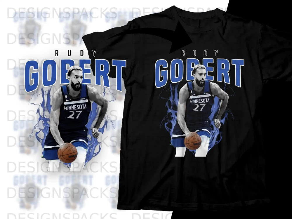 T-shirt featuring Rudy Gobert with "RUDY" and "GOPERT 27" in blue.
