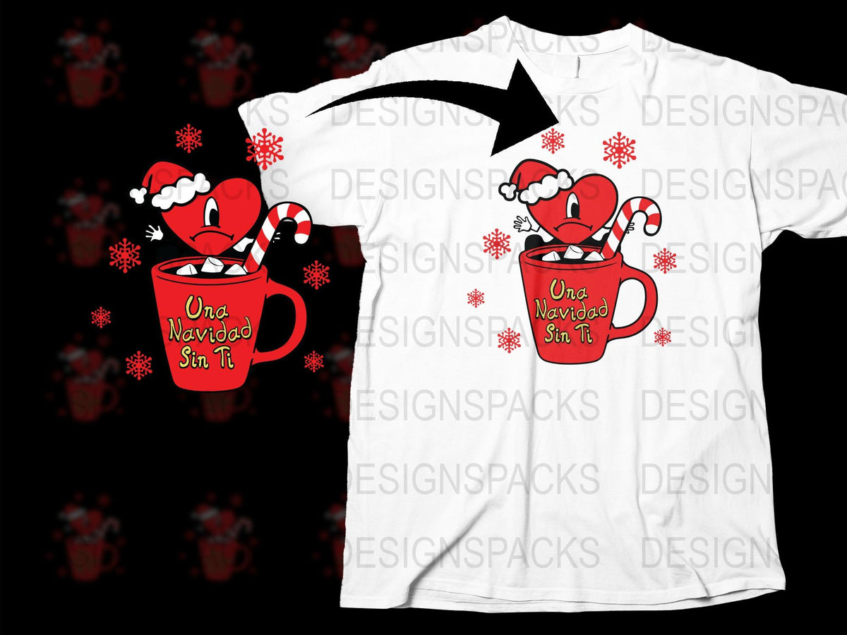 Festive Christmas T-Shirt, Cute Santa Hat Coffee Cup, Holiday Graphic Tee, 'Una Navidad Sin Ti' Design, Red and White