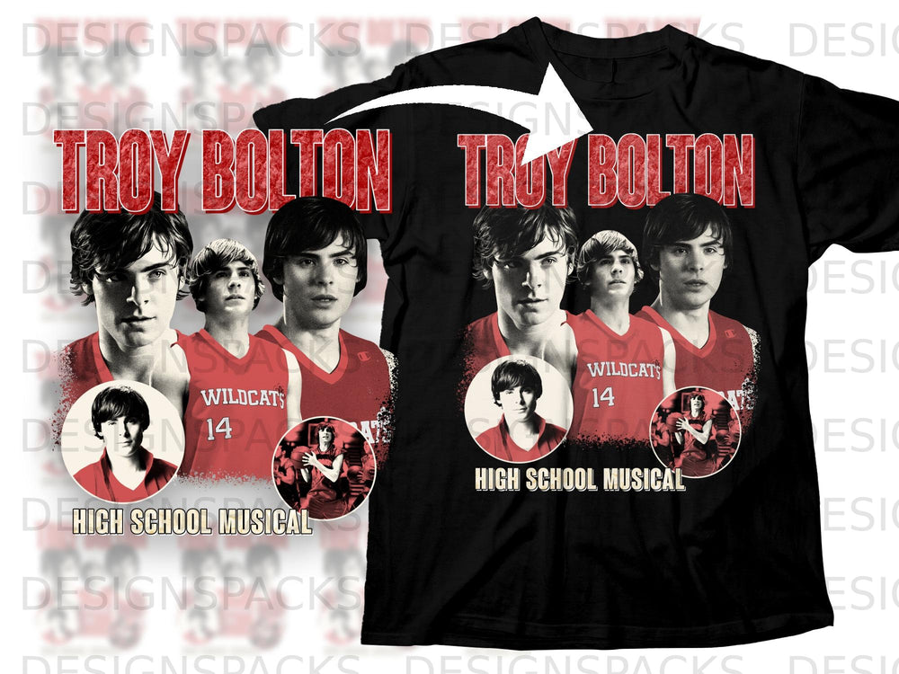 Troy Bolton High School Musical graphic with basketball player images on black t-shirt.