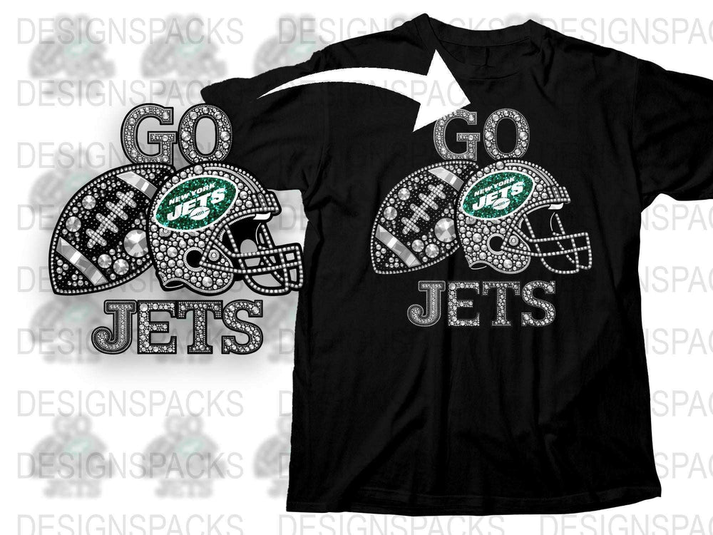 New York Jets Inspired T-Shirt, Rhinestone Football Helmets, Fan Gear, Sports Team Support, Casual Wear, Unisex Black Tee
