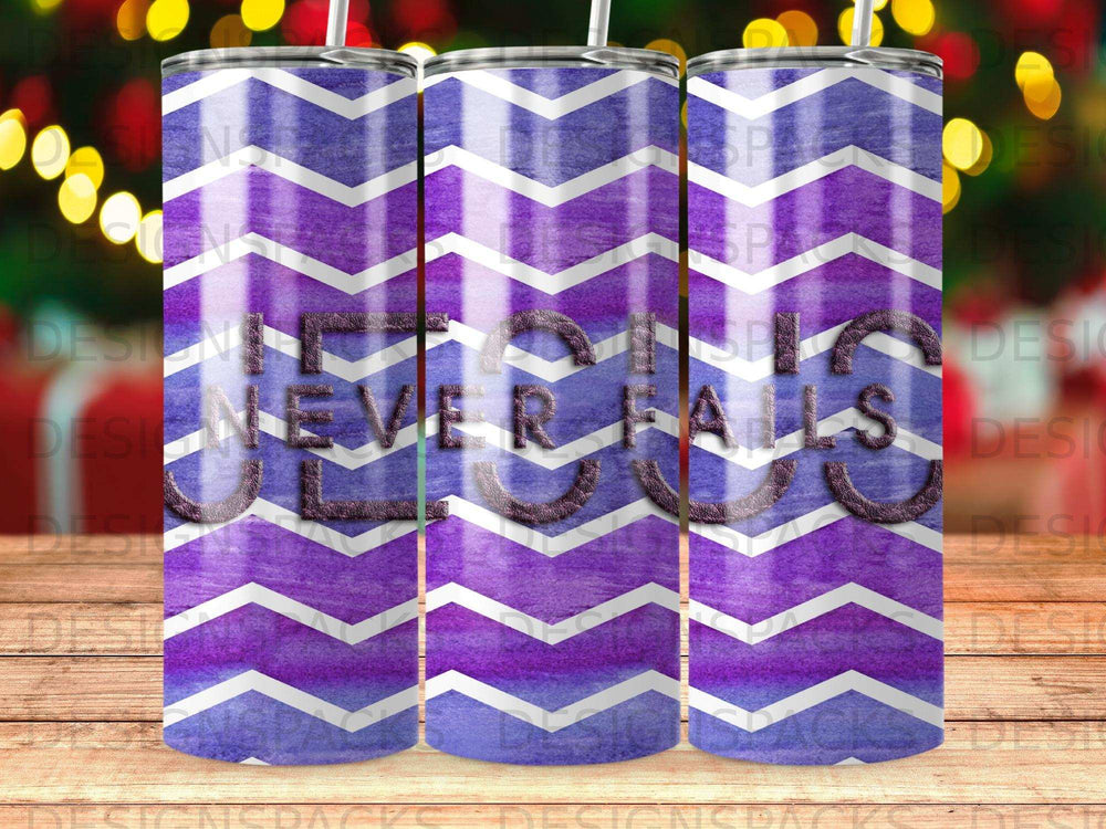 Purple and blue chevron tumbler with "Jesus Never Falls" text.