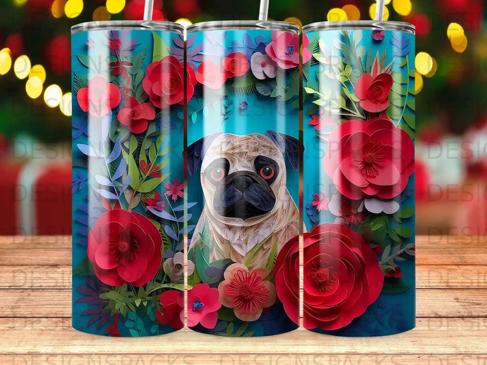 Pug wearing a floral collar against a teal background with red flowers.