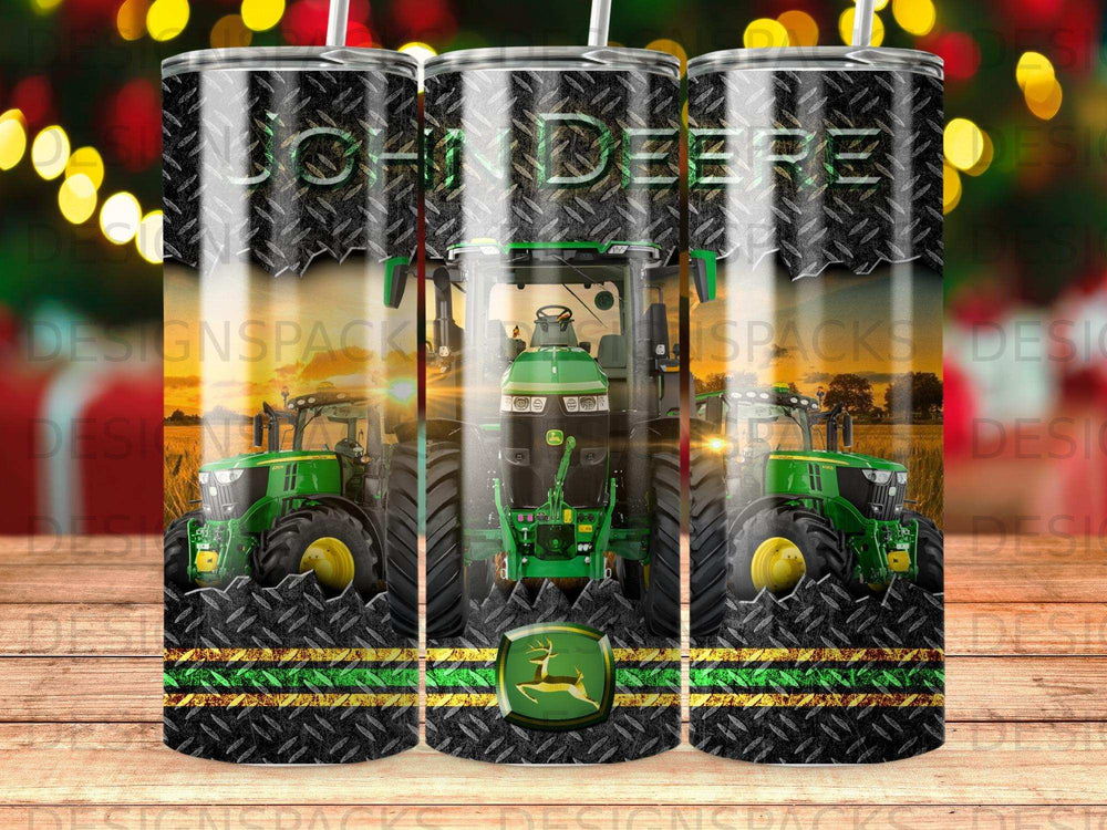 Green John Deere tractor with diamond plate and stripes design on a tumbler.