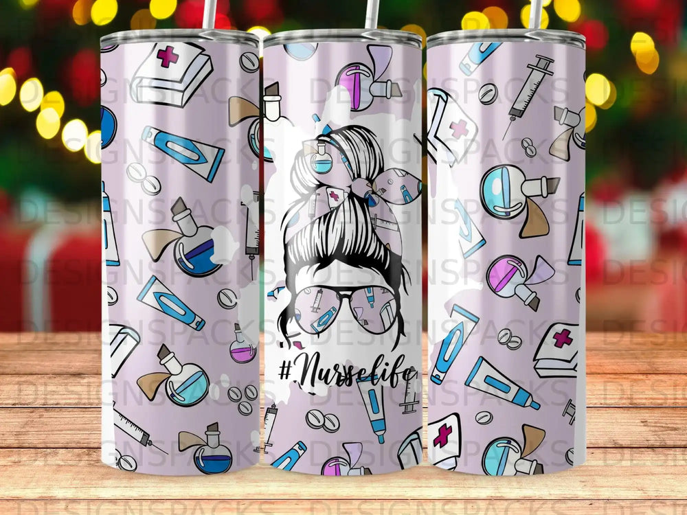 Tumbler with #Nurselife text and medical icons.