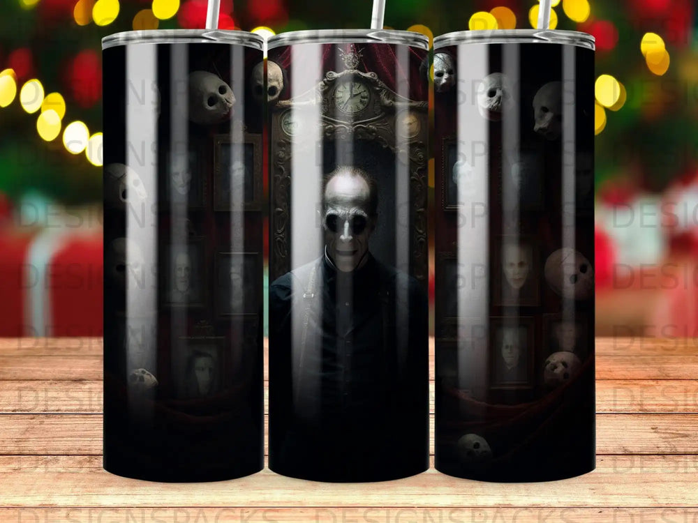 Spooky tumbler with portraits, skulls, and a menacing figure.