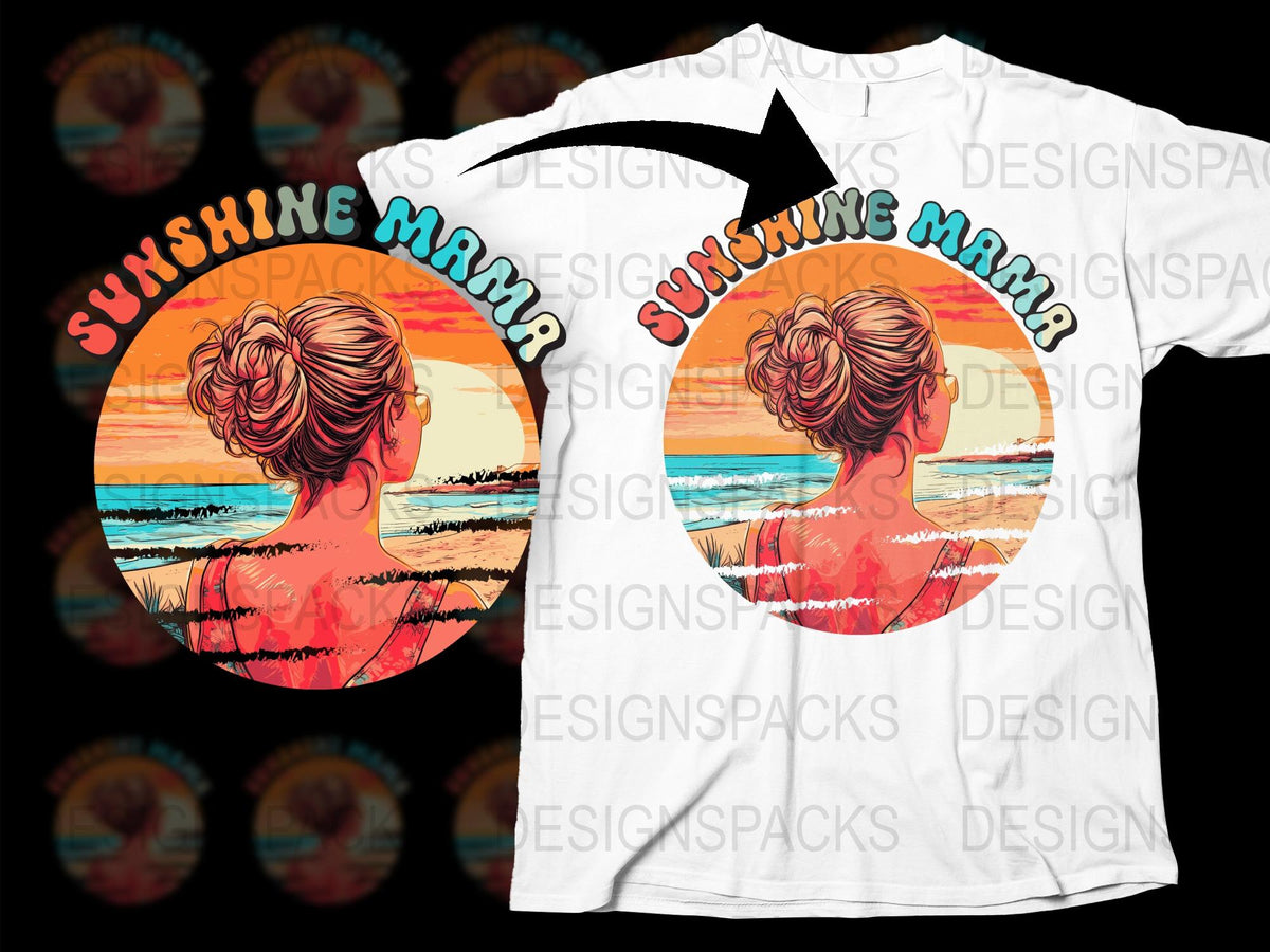 Sunshine Mama Graphic T-Shirt, Beach Sunset Design, Women’s Casual Summer Top, Colorful Beachwear