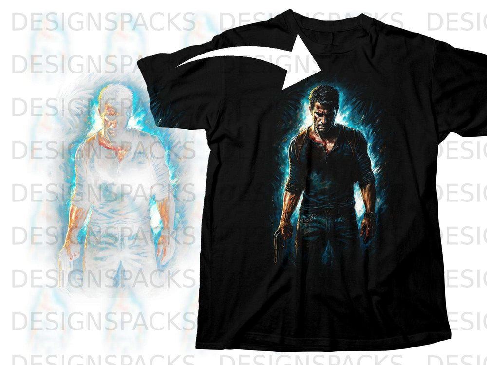 Black t-shirt with a graphic of a man holding a gun, surrounded by blue and yellow light.