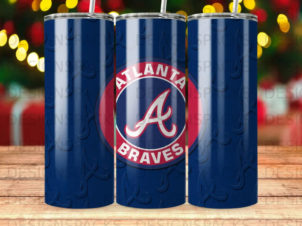Atlanta Braves logo on a blue tumbler with a repeating pattern.