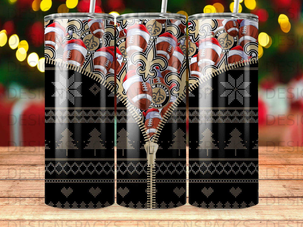 New Orleans Saints football tumbler with black and gold festive pattern.