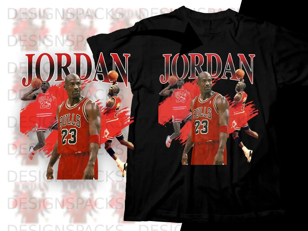 Michael Jordan in a red Chicago Bulls jersey, dribbling a basketball.