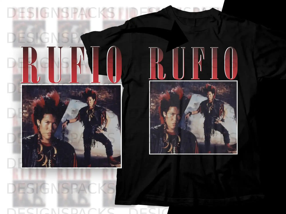 Black t-shirt featuring a graphic of the character Rufio from the movie Hook.