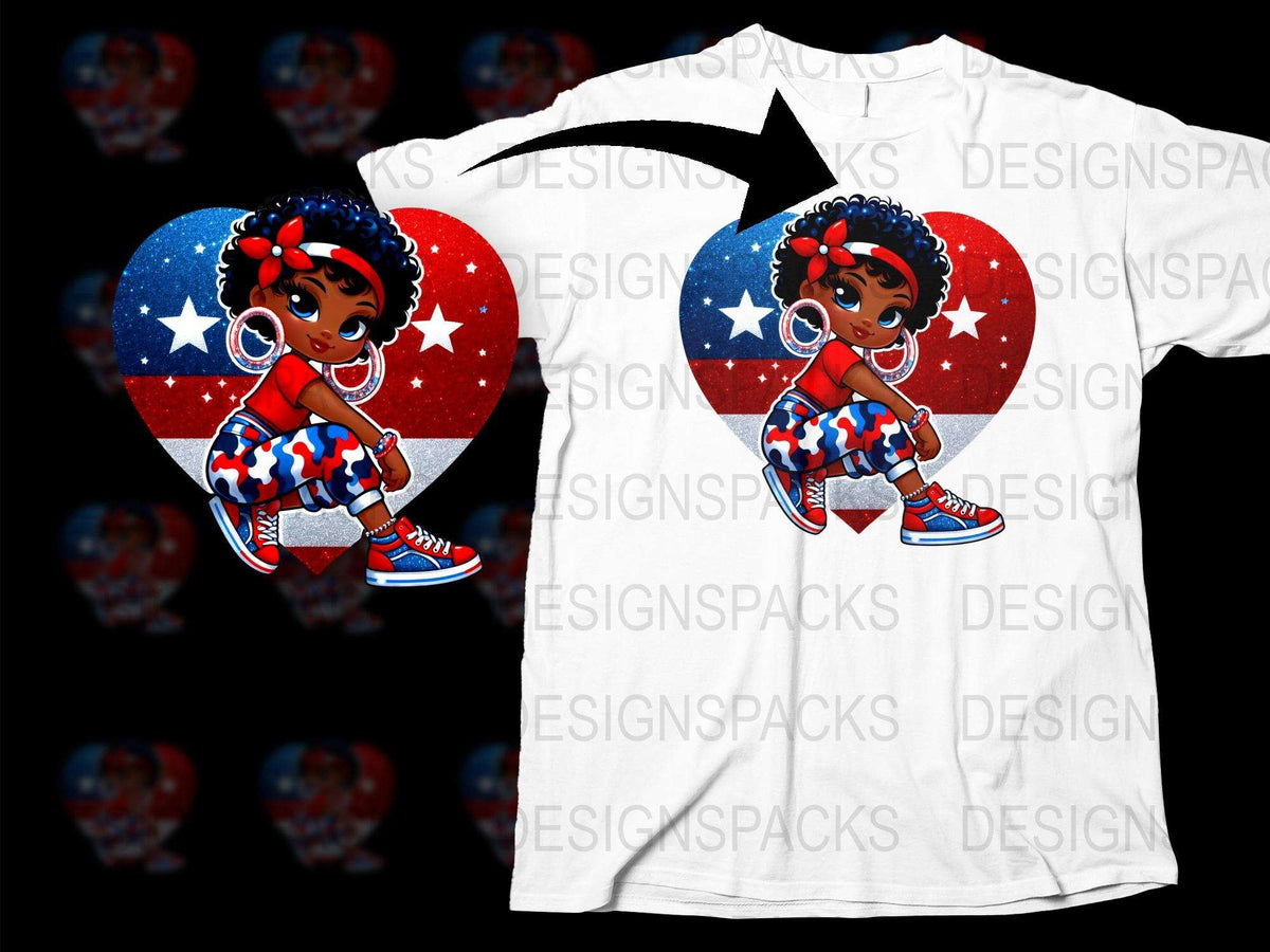 Patriotic Heart Girl Graphic T-Shirt, USA Flag Colors, Casual Summer Tee, Trendy Kids Fashion, Unique Children's Clothing