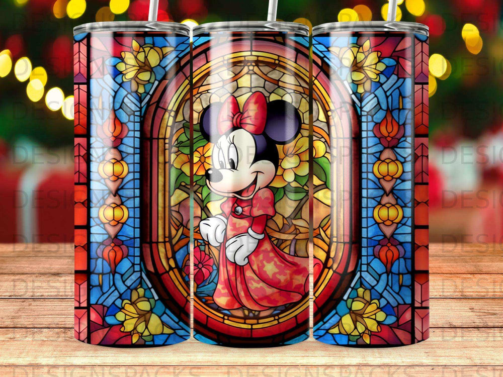 Minnie Mouse in stained glass pattern on a skinny tumbler.