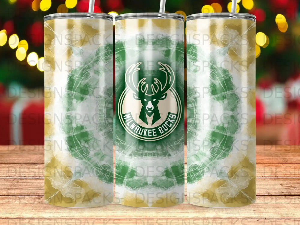 Milwaukee Bucks logo on a green tie-dye tumbler.