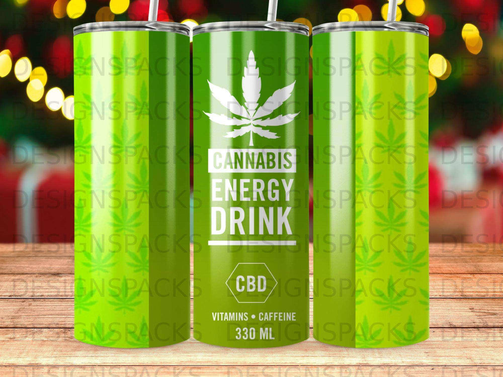 Green tumbler with "Cannabis Energy Drink" and "CBD" text.
