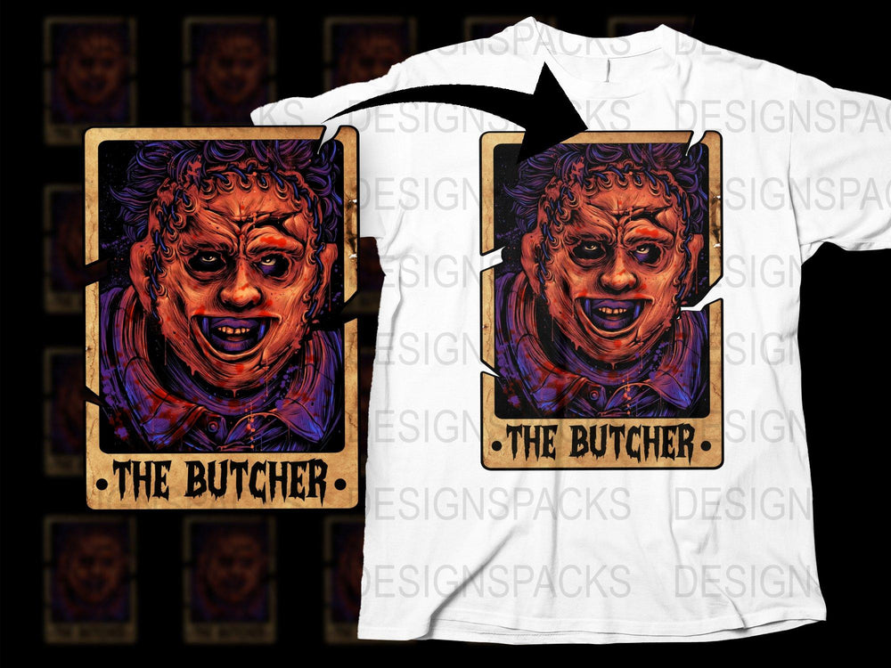 The Butcher Graphic T-Shirt, Unique Horror Character Design, Unisex Tee, Bold Purple and Gold Colors