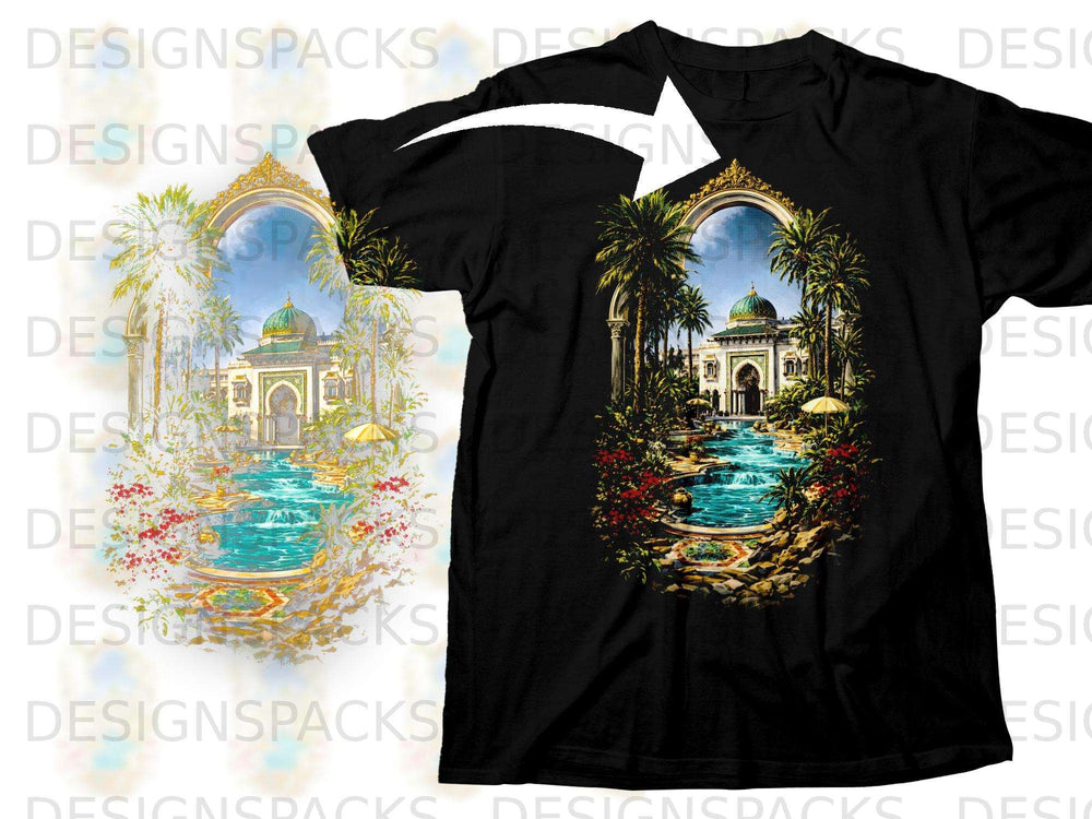 Black t-shirt featuring an ornate archway with a desert palace, palm trees, and a pool.