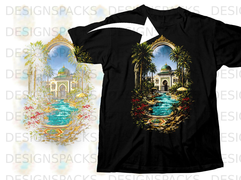 Black t-shirt featuring an ornate archway with a desert palace, palm trees, and a pool.