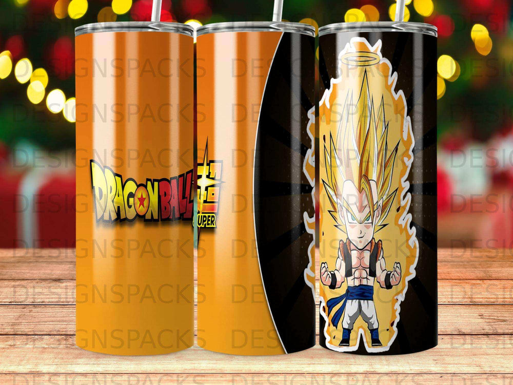 Dragon Ball Z Goku Super Saiyan design on a cylindrical tumbler.
