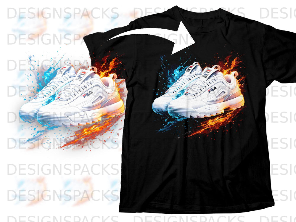 Black t-shirt featuring white Fila sneakers with blue and orange flame graphic.