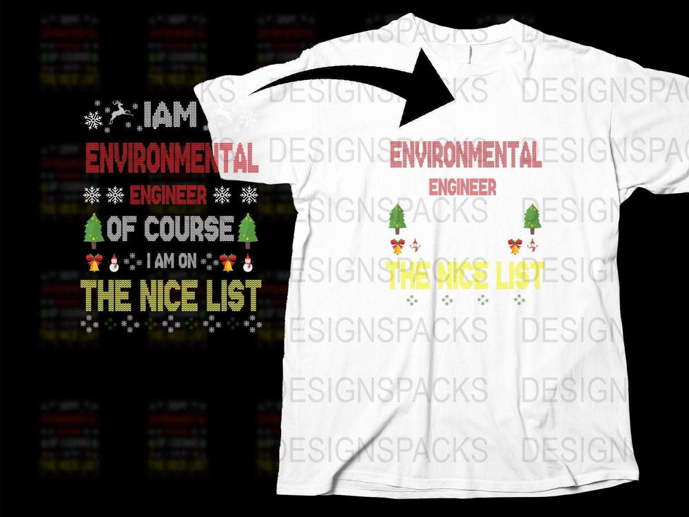 Environmental Engineer Christmas T-Shirt, Funny Holiday Tee, Nice List Top with Snowflake and Tree Design