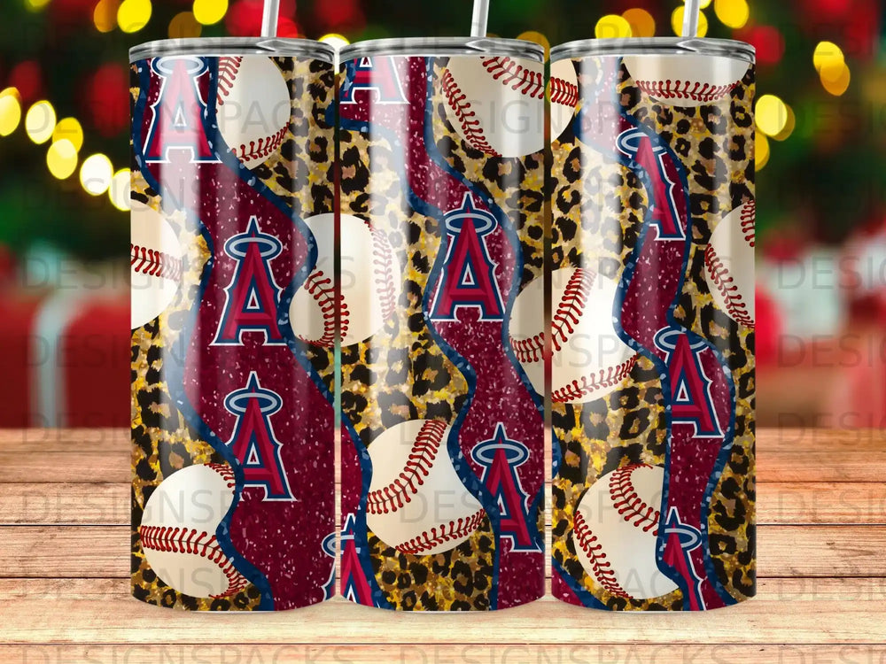 Baseball and leopard print tumbler with Los Angeles Angels logo.