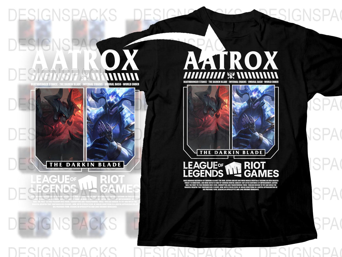 Aatrox T-Shirt League of Legends Riot Games The Darkin Blade Graphic Tee Black Cotton