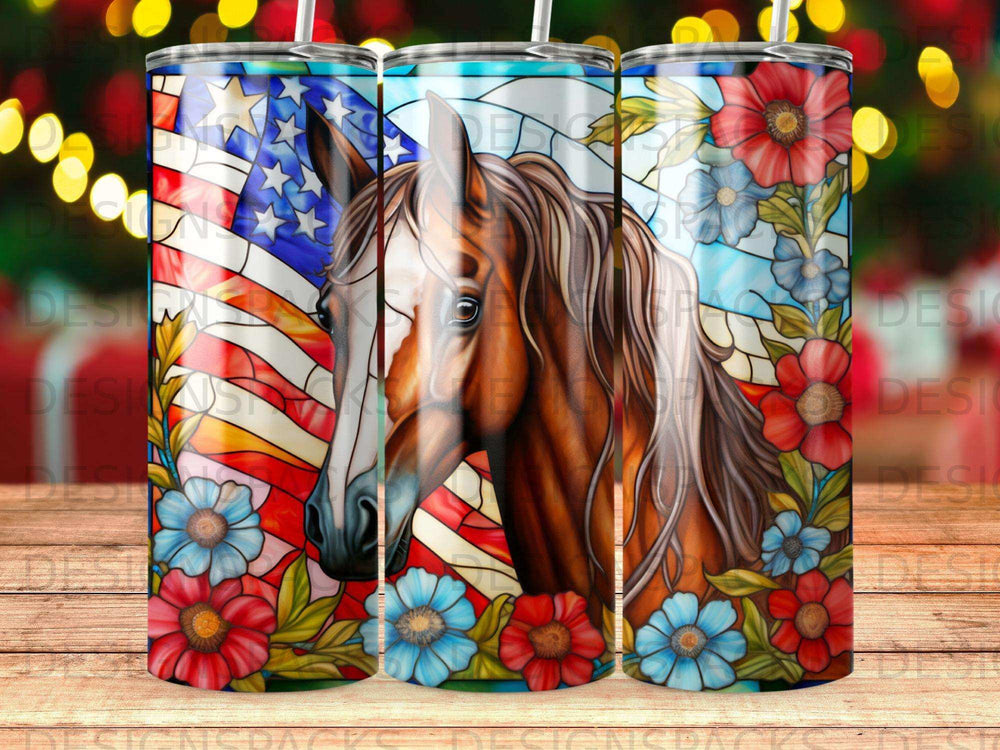 Horse with American flag and floral design.