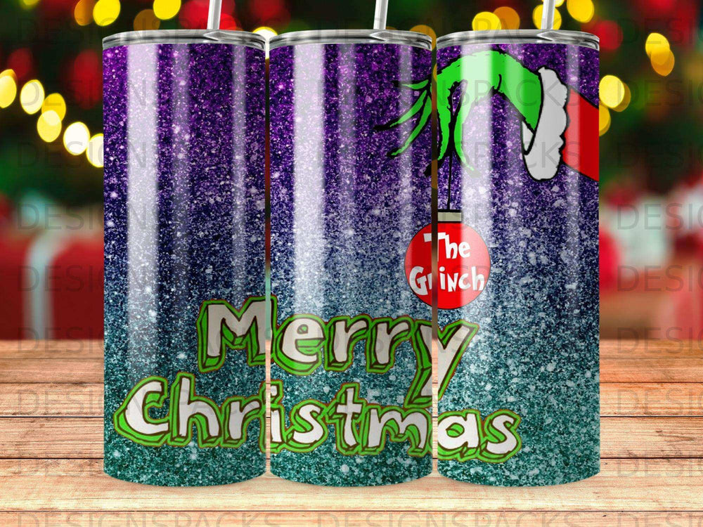 The Grinch Merry Christmas tumbler with glitter and character artwork.