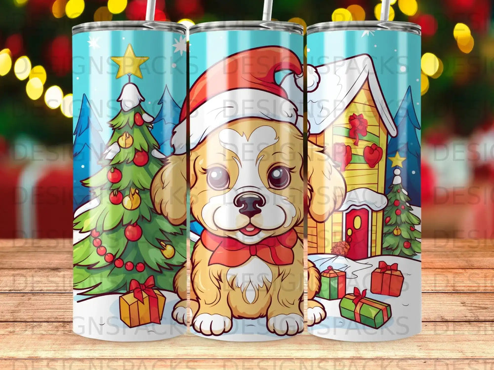 Puppy in Santa hat and red bow tie with Christmas tree and gifts.