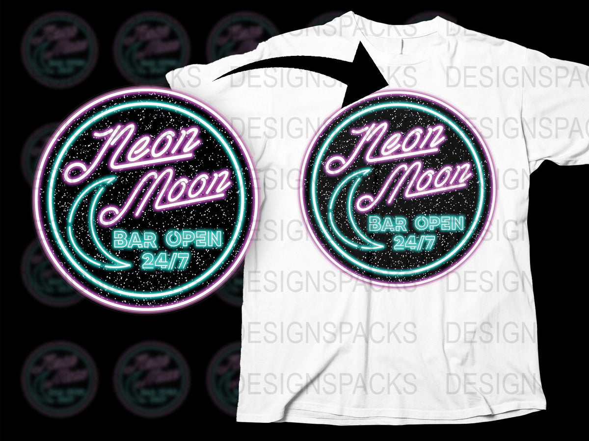 Neon Moon T-Shirt, Retro Bar Open 24/7 Graphic Tee, Vintage Style Nightlife Fashion, Unisex Casual Wear