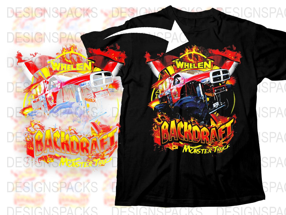 Backdraft Monster Truck Graphic T-Shirt, Bold Red and Black Design, Fire Theme, Racing Apparel