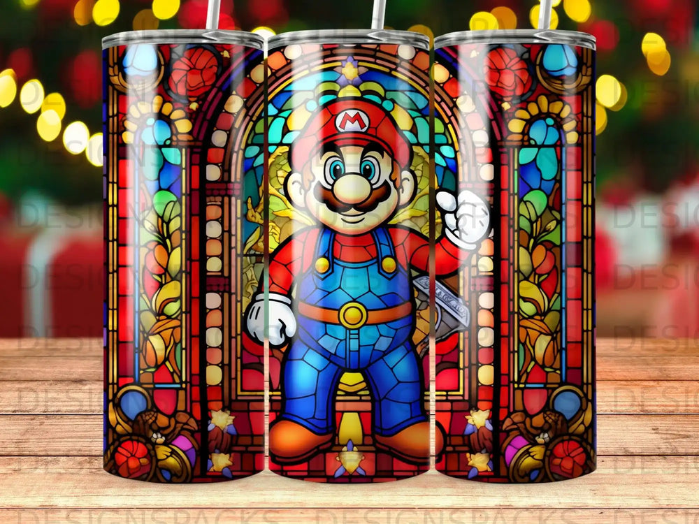 Stained glass tumbler featuring Mario with a Mushroom Kingdom background.