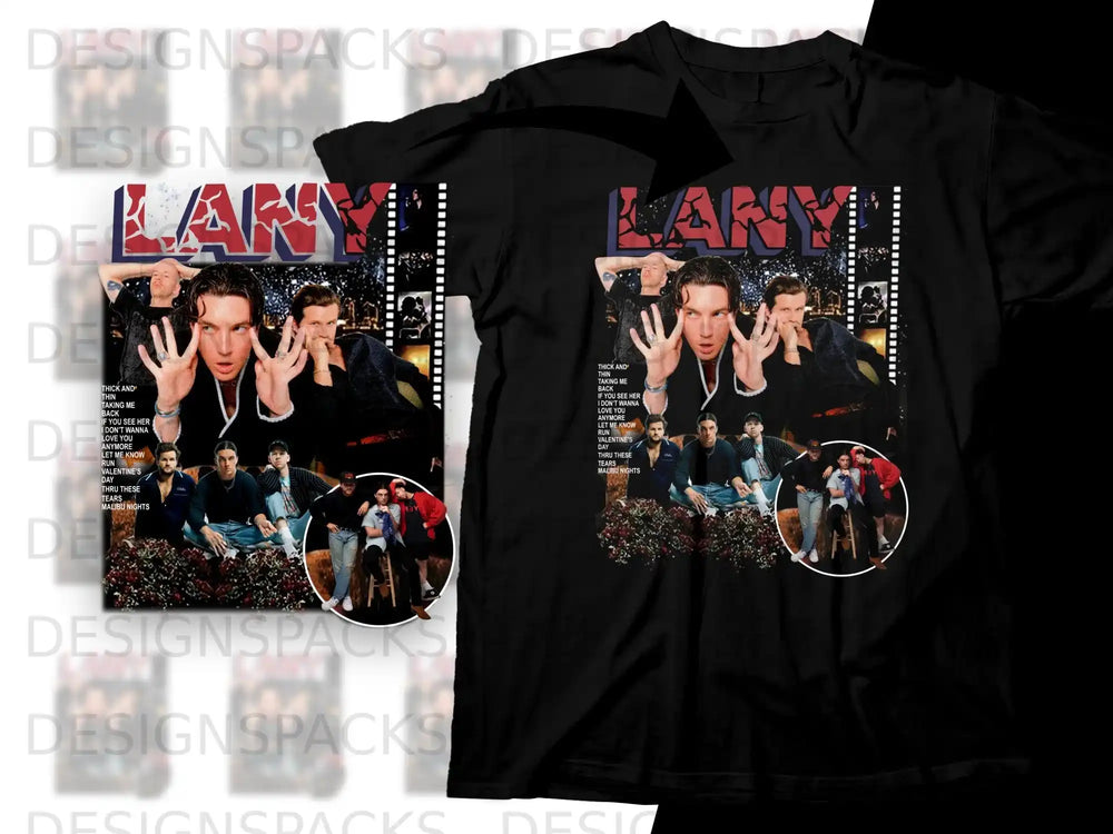LANY band members on a black t-shirt with song titles.