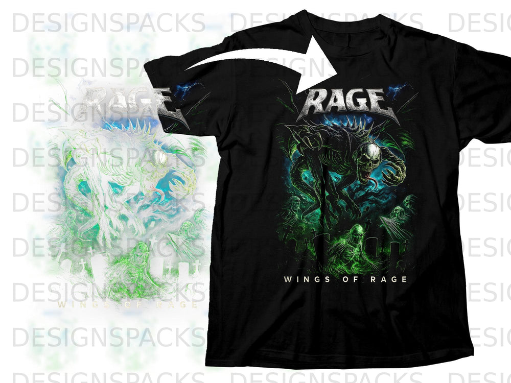 Black t-shirt with "Rage" and skeletal monster, "Wings of Rage" text.
