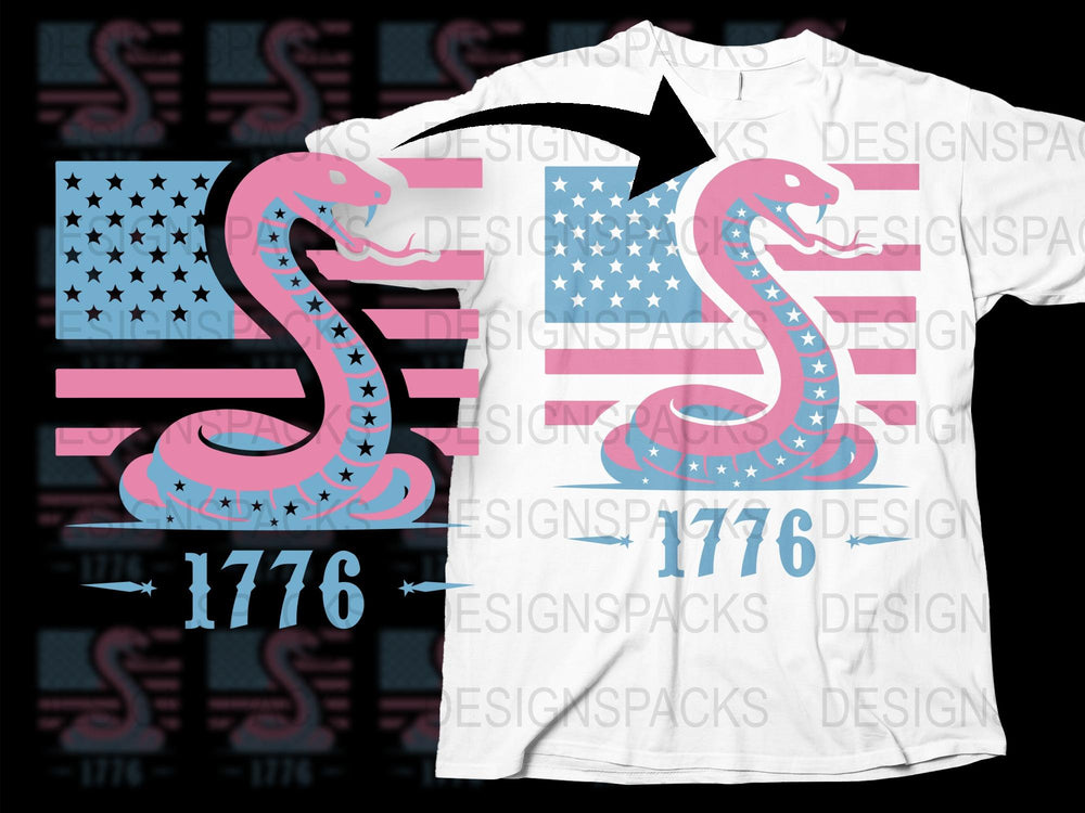 Patriotic 1776 T-Shirt with American Flag and Snake Design, USA Independence Day Apparel