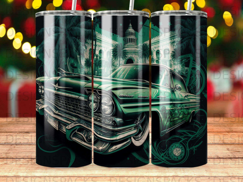 Green vintage car with palm trees and a dome building under festive lights.