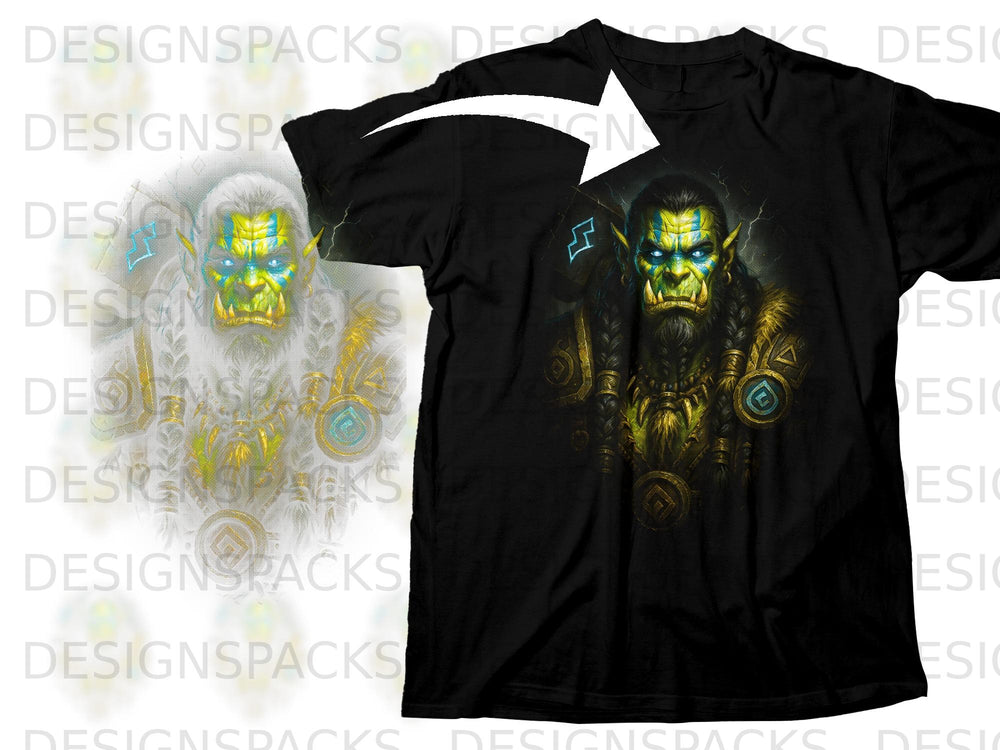 Black t-shirt with a detailed print of a green-skinned orc with blue eyes and yellow markings.