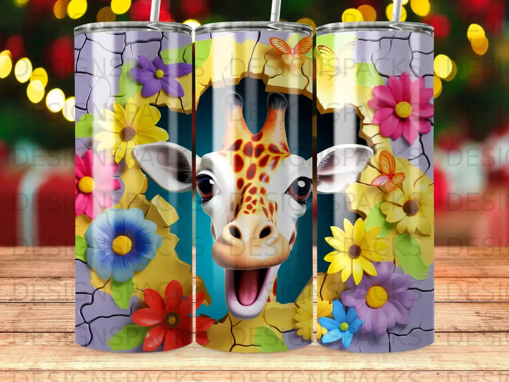 Giraffe peeking through colorful floral and butterfly opening.