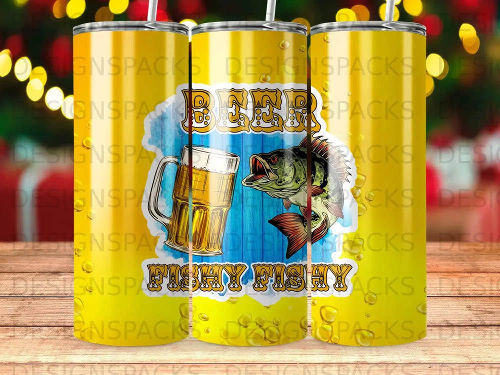 Fish and beer graphic on a yellow tumbler with "FISHY FISHY" text.