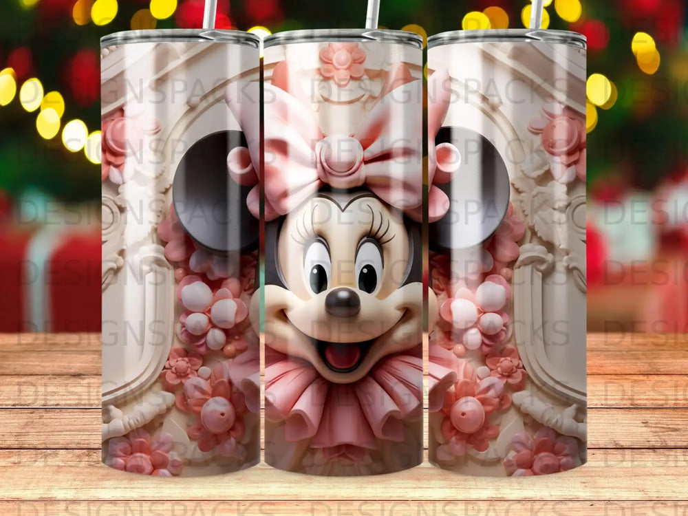 Minnie Mouse character with pink bow and ornate floral pattern.