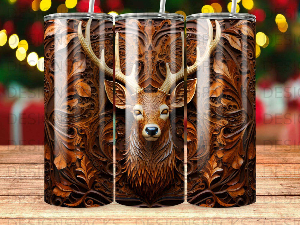 Deer head with ornate wood carving on a tumbler.