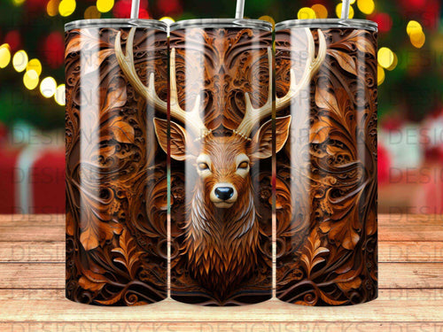 Deer head with ornate wood carving on a tumbler.