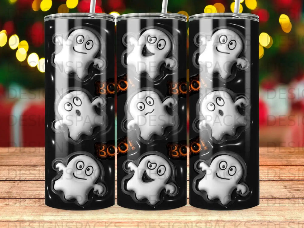 Nine cartoon ghosts with "BOO!" text on a black and white striped background.