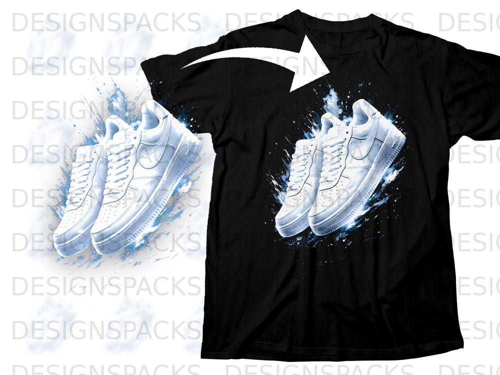 Black t-shirt with a graphic of white sneakers with blue splashes.