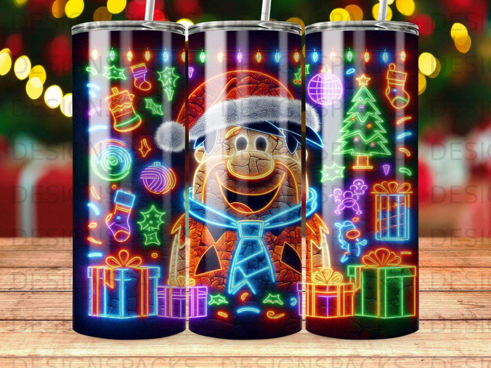 Flintstones Christmas design with neon holiday icons on three tumblers.