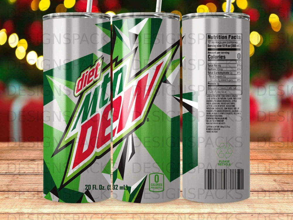 Diet Mountain Dew bottle with nutrition facts and 0 calories per serving.