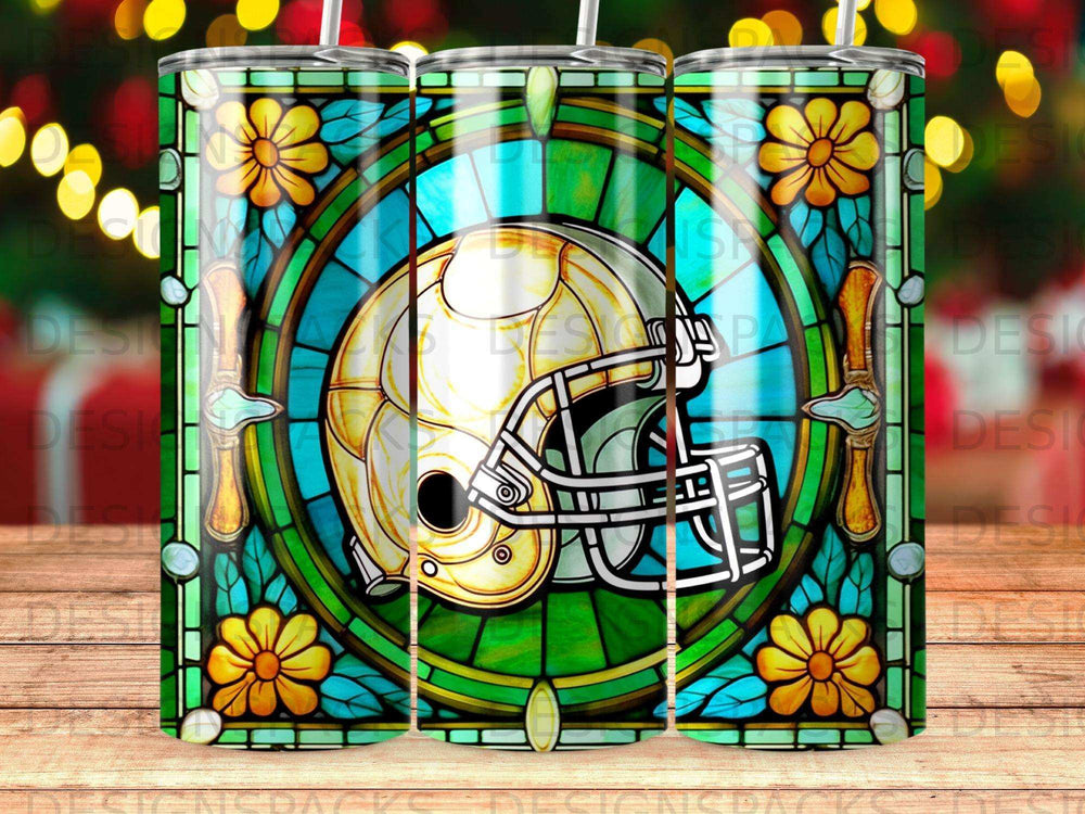 Sports helmet against stained glass window with floral and circular motifs.