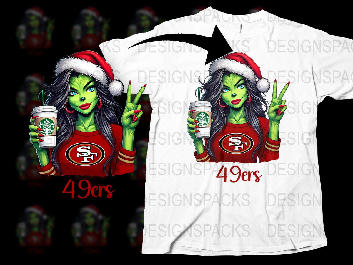 Festive Green Witch Santa Hat 49ers Fan Christmas T-Shirt, Unique Holiday Graphic Tee, Sports Team Apparel